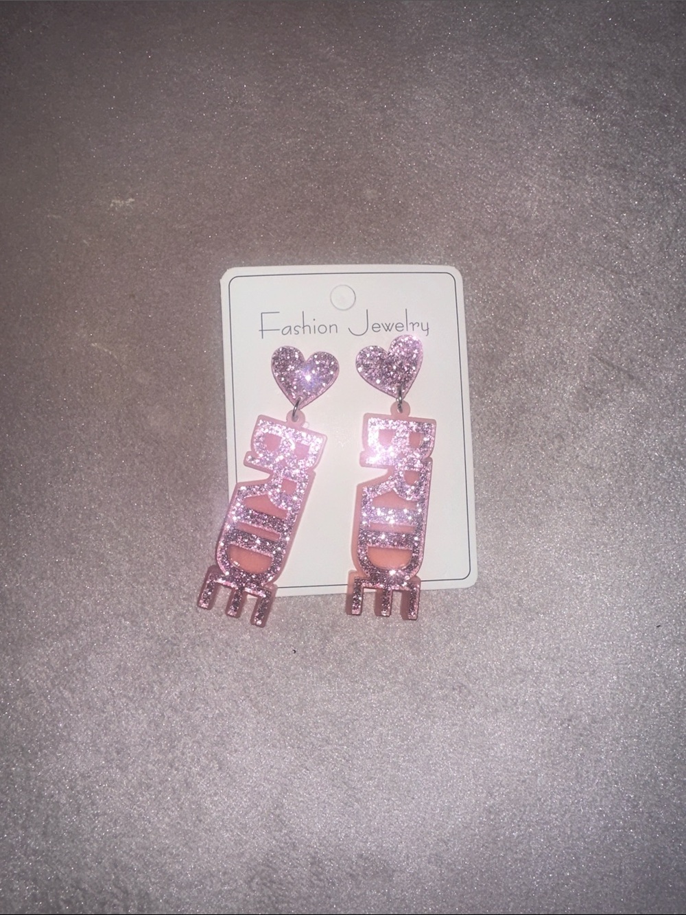 Fashion Jewelry Glitter Pink 'BRIDE' Heart Drop Earrings